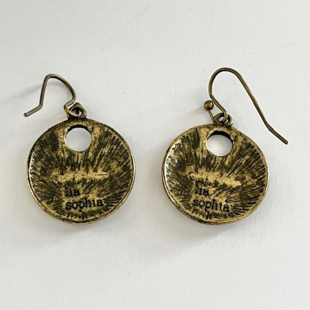 Lia Sophia Earrings Hammered Distressed Brass Tone Amber Rhinestones - Picture 5 of 6